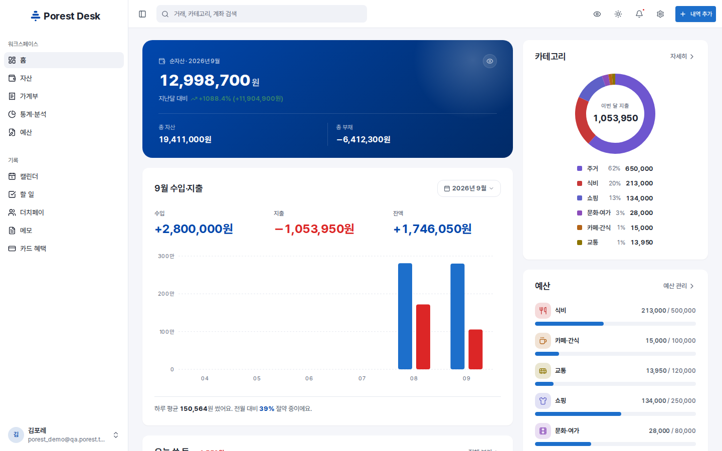 Desk 홈 화면 — 순자산, 이번 달 수입·지출, 카테고리, 예산